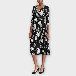 Lauren Ralph Lauren Floral-Print Midi Surplice Dress Black White Size 14